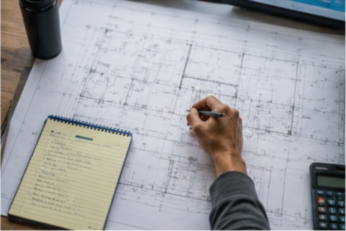Planner marking up a commercial floor plan