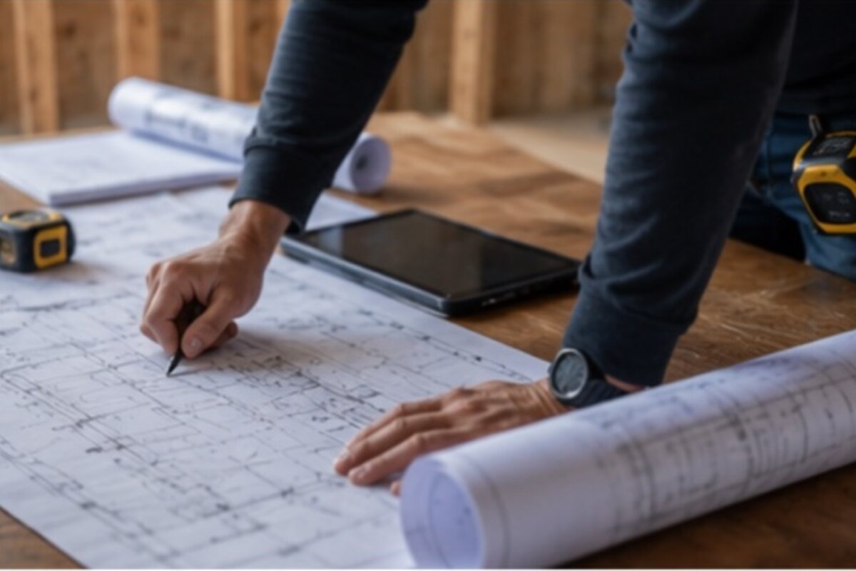 Estimator reviewing construction drawings and quantities