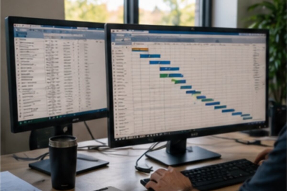 Construction schedule displayed on project planning monitors